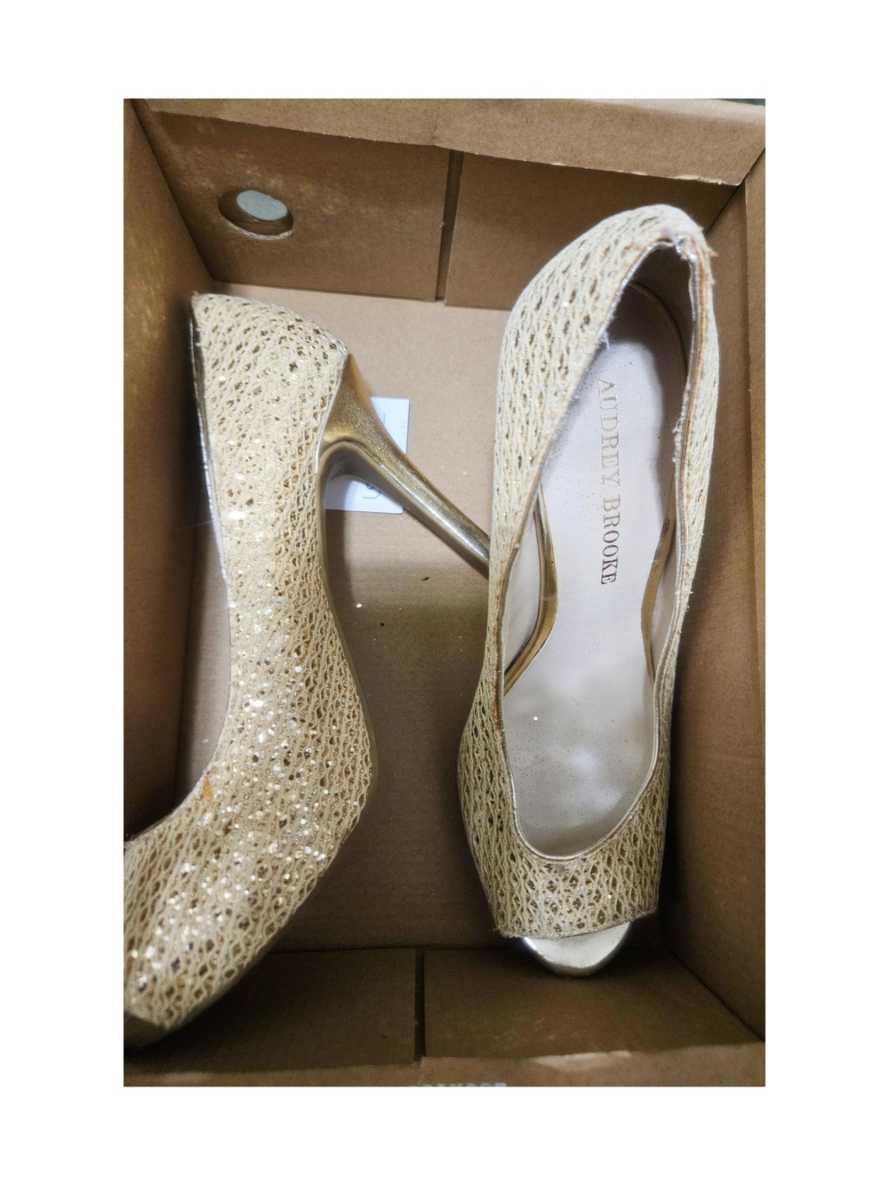 Audrey Brooke Gold Lace Peep-Toe Pumps